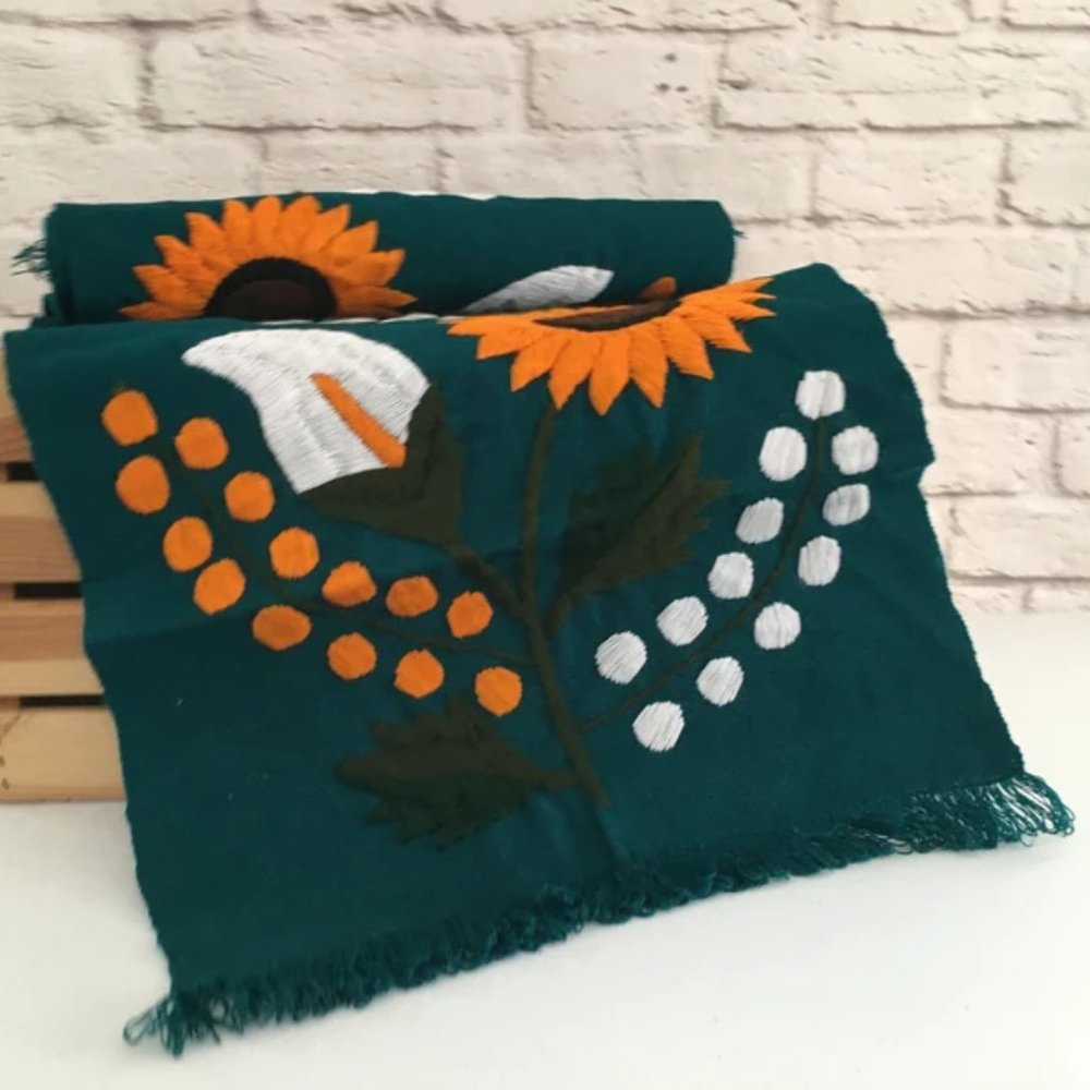 Handmade Mexican Hand Embroidered Sunflower Table Runner - Camino de Mesa